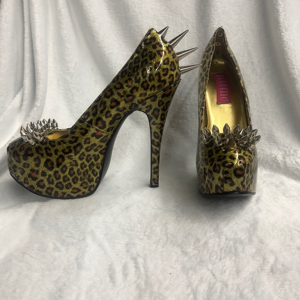 Cheetah Platform Bordello Heels with Spike Detail